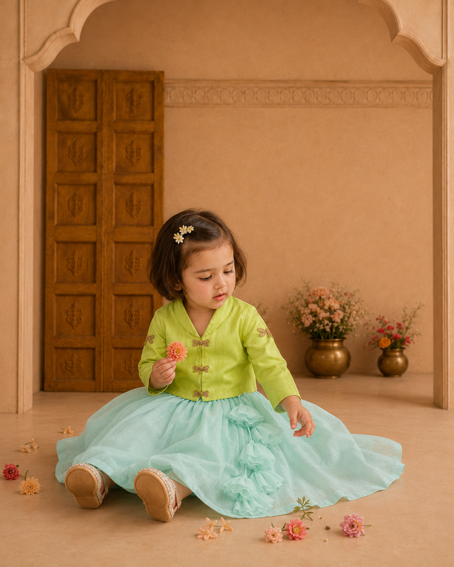Indian Lime Green Dragonfly Jacket-Lehenga Set - Anaario - Image 1