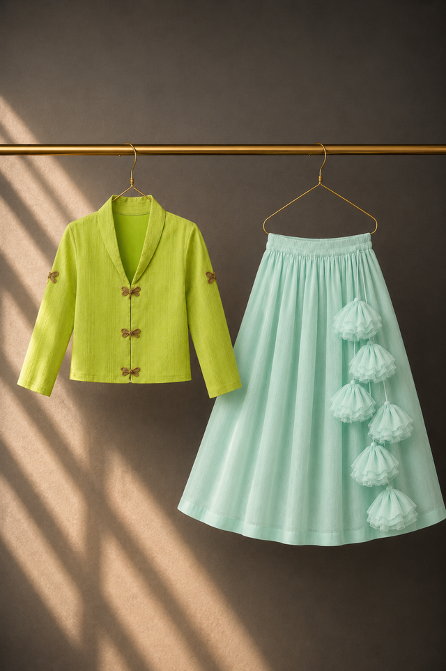 Girl wearing Anaario Lime Green Dragonfly Jacket-Lehenga Set