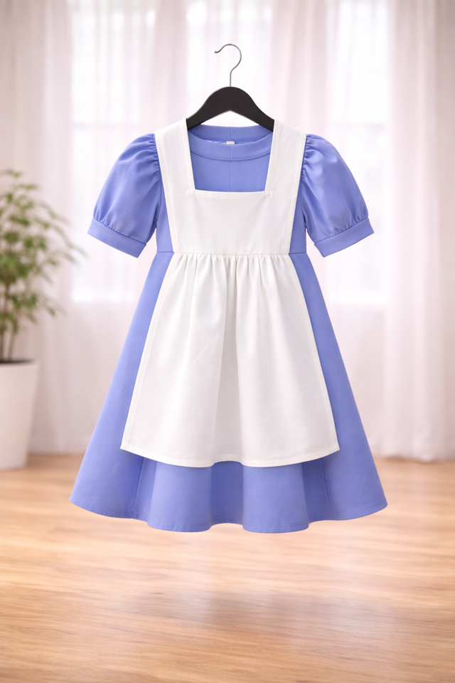 Girl wearing Anaario Lost in Wonderland Dress, blue Alice-style dress with white pinafore apron and black bow