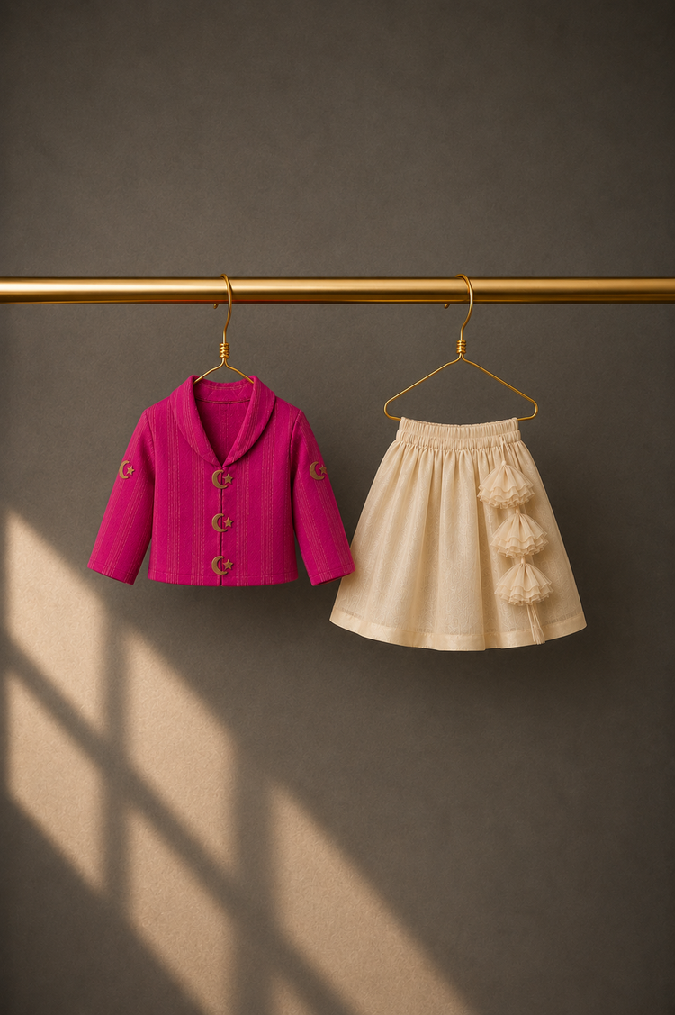 Anaario Magenta Moon-Star Jacket-Lehenga Set, magenta jacket and cream lehenga on hangers