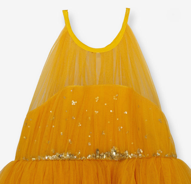 Anaario Marigold Sunshine Gown, golden orange tulle gown with sequin bodice