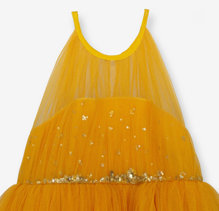Anaario Marigold Sunshine Gown, golden orange tulle gown with sequin bodice