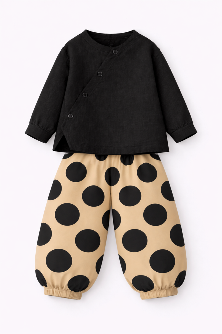 Boy wearing Anaario Midnight Dot Wrap Co-ord Set
