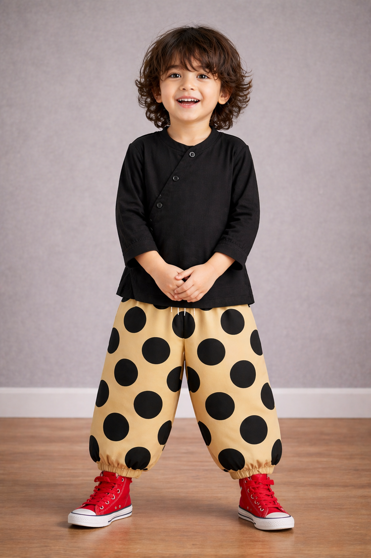 Boy wearing Anaario Midnight Dot Wrap Co-ord Set
