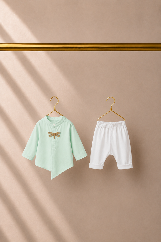 Baby wearing Anaario Mint Dragonfly-Motif Baby Kurta Set, mint green kurta with dragonfly-embroidered jacket, newborn to 24 months