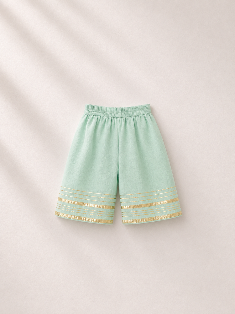 Anaario Mint Green Flamingo Angrakha Set, mint green palazzo pants flat lay with gold trim