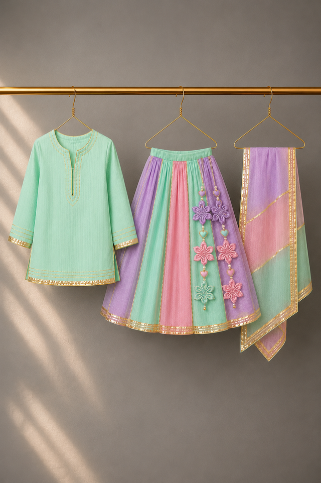 Girl wearing Anaario Mint Lilac Pink Lehenga Set