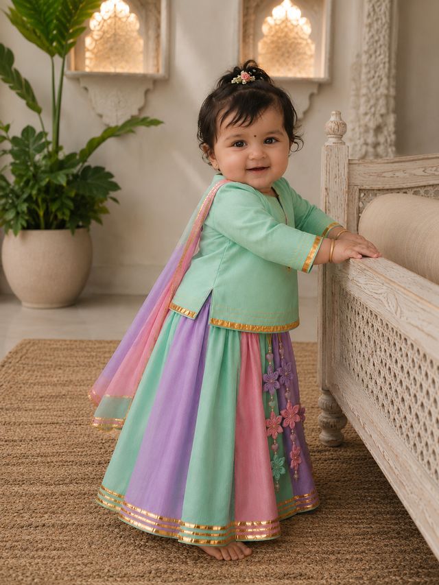 Mint green kurta and mint-lilac-pink colour-block lehenga skirt set with ombre dupatta for baby girl