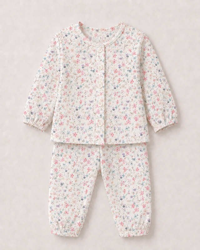Baby wearing Anaario Multi-Coloured Garden organic mulmul cotton Blossom Breeze set, newborn to 24 months