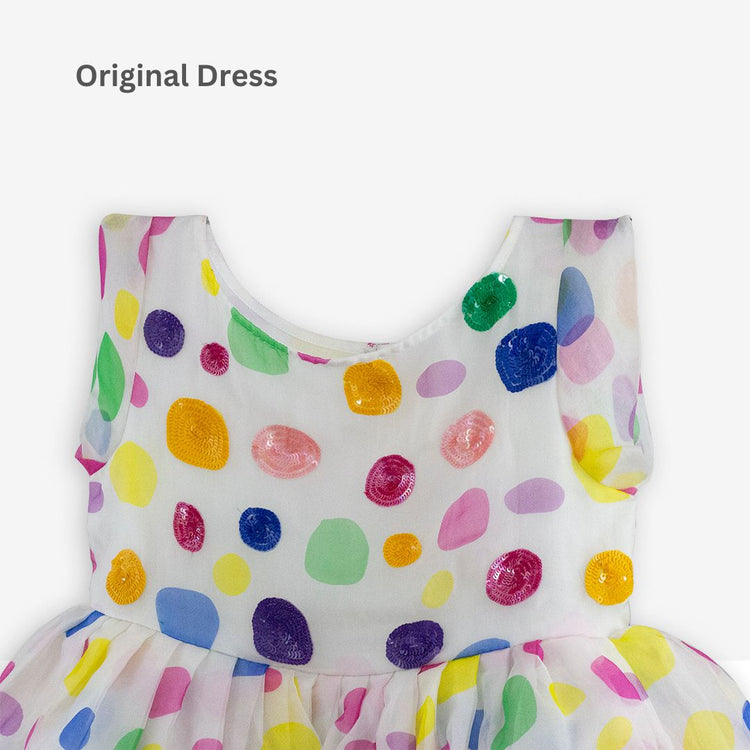 Girl wearing Anaario Fiesty Colourful Polka Dress, white tulle dress with multicolor polka dot print