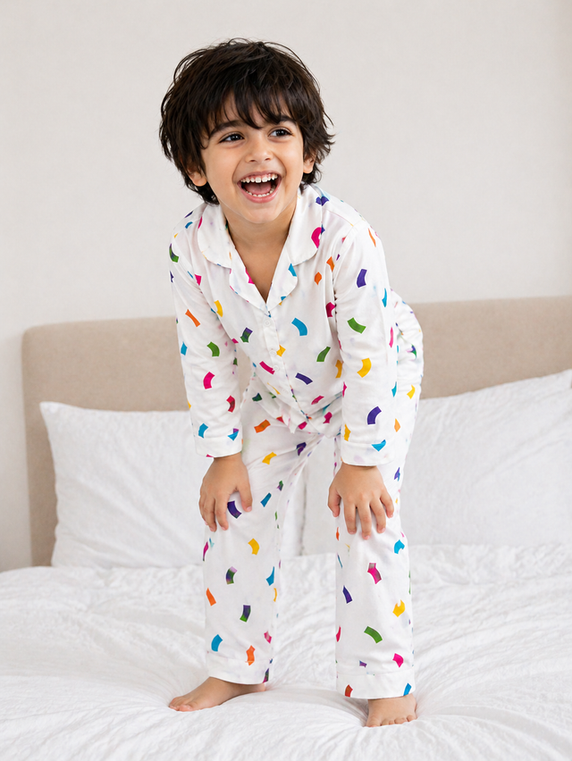 Boy wearing Anaario Multicolored Wriggly Beans Night Suit