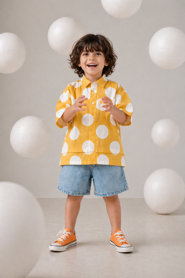 Boy wearing Anaario Mustard Dot Oversized Shirt