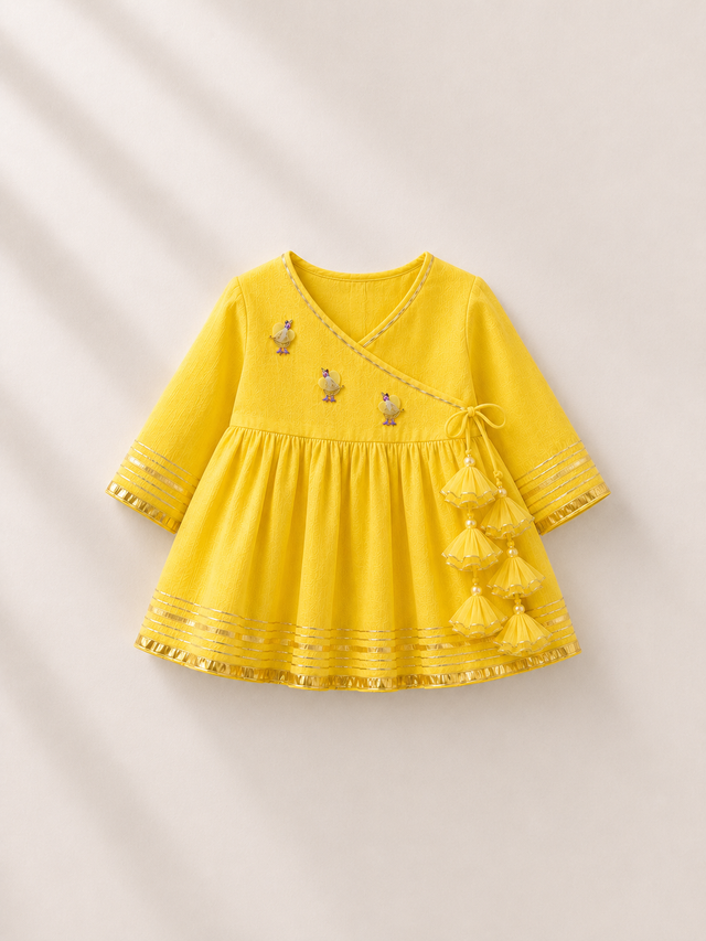 Anaario Yellow Duck Angrakha Set, yellow wrap top flat lay with duck embroidery