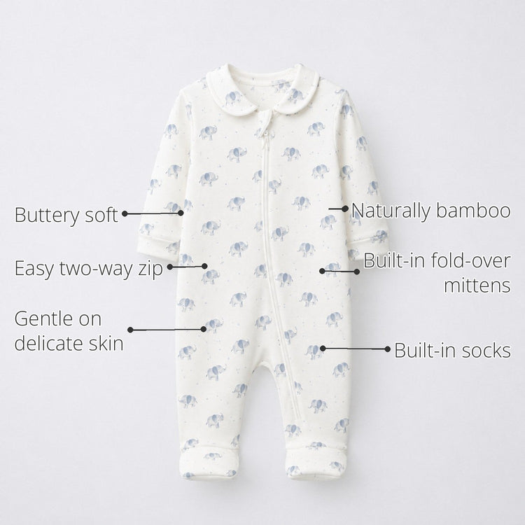 Blue Elephant Bamboo Baby Sleepsuit – Zip Romper Onesie features