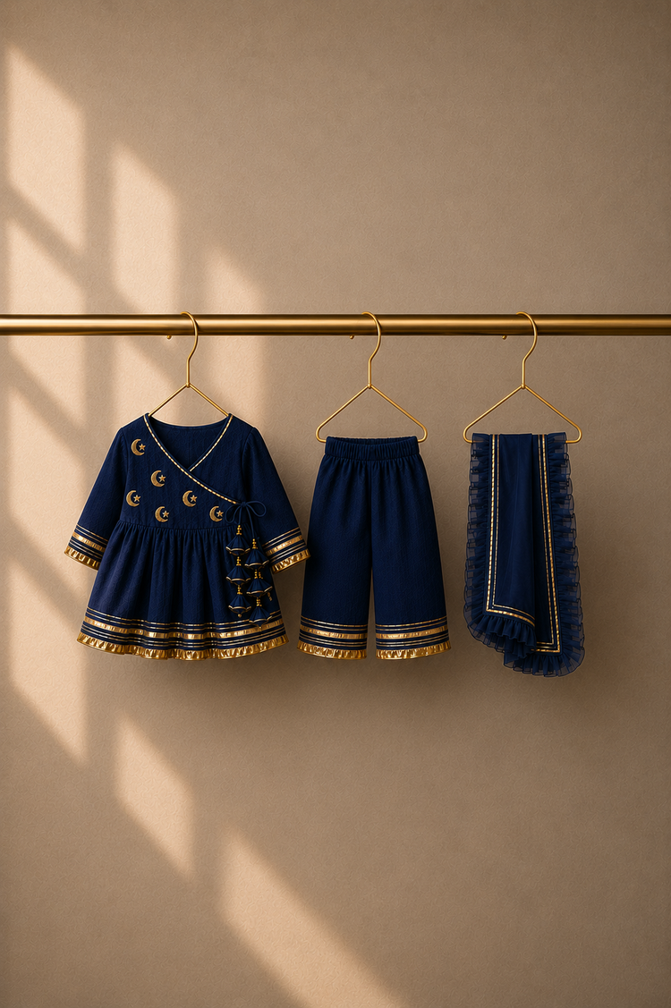 Anaario Navy Blue Moon-Star Angrakha Set, navy blue angrakha top, pants and dupatta on hangers