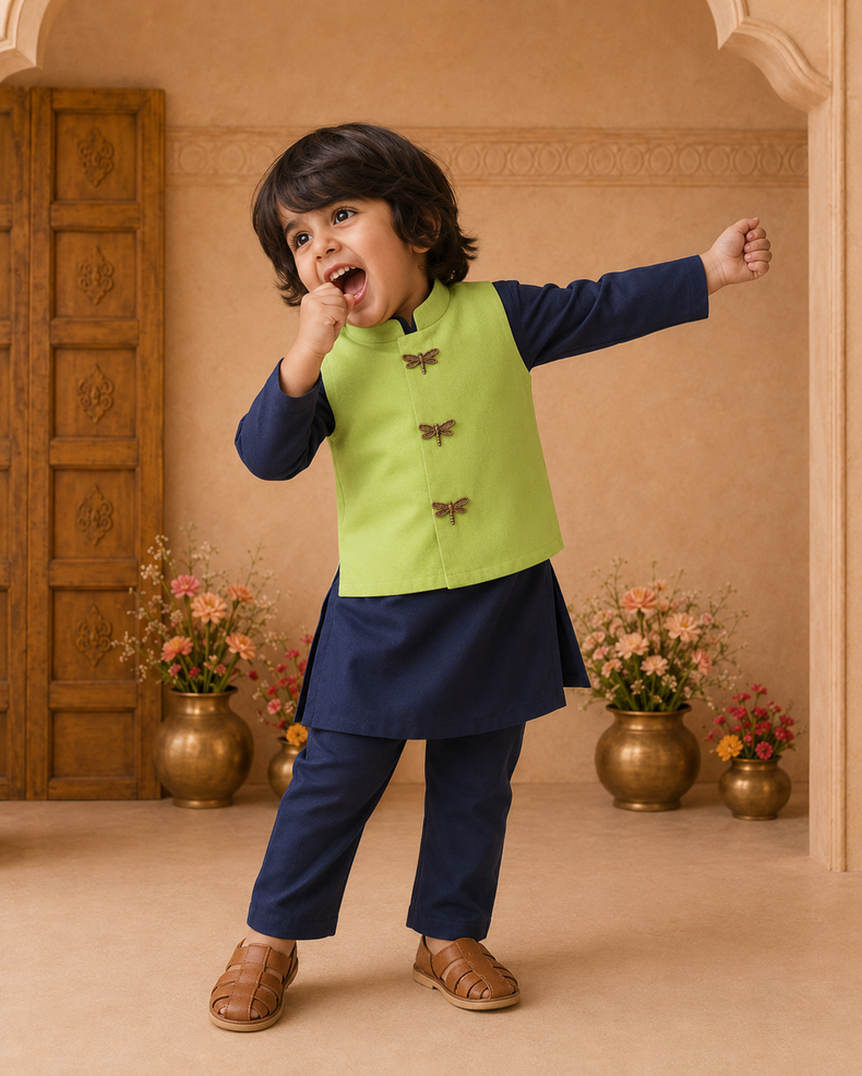 Navy Dragonfly-Motif Waistcoat Set (Lime Waistcoat) - lifestyle photo, archway backdrop