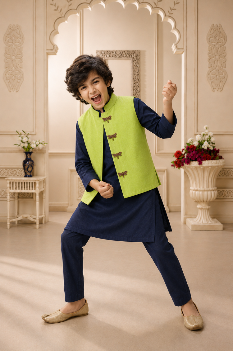 Navy dragonfly-motif waistcoat set with lime waistcoat by Anaario