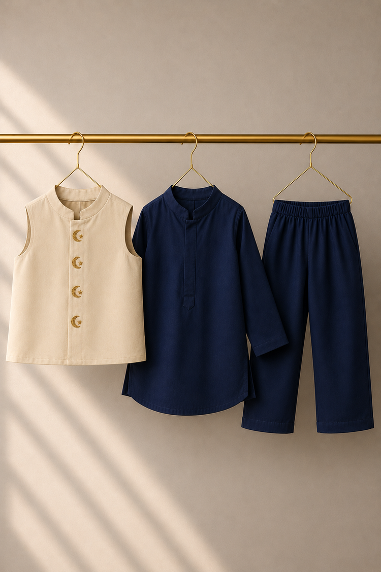 Navy Moon-Star Waistcoat Set (Cream Waistcoat) - flat lay, waistcoat, kurta and pants