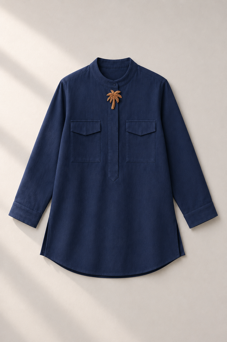 Navy Palm-Motif Kurta Set - kurta flat lay