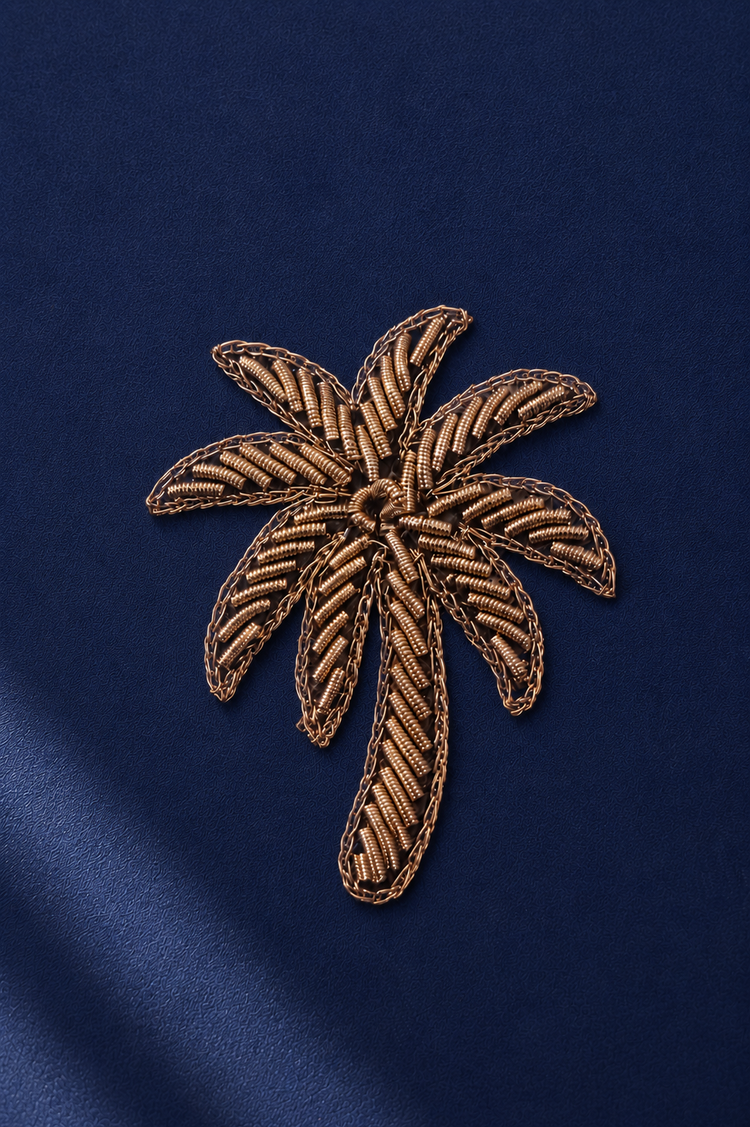 Navy Palm-Motif Kurta Set - palm brooch detail