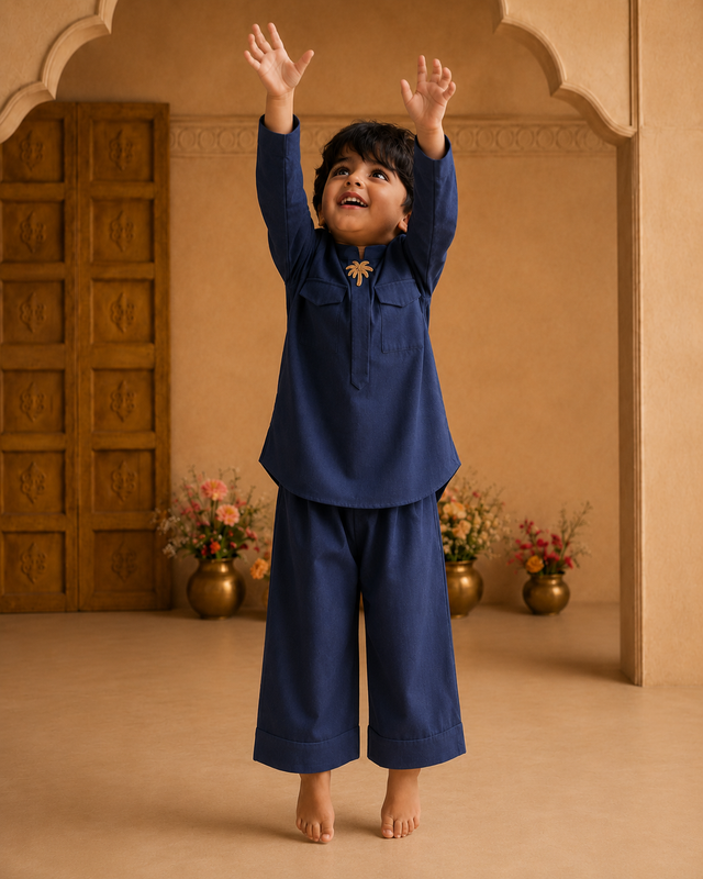 Navy Palm-Motif Kurta Set - boy jumping