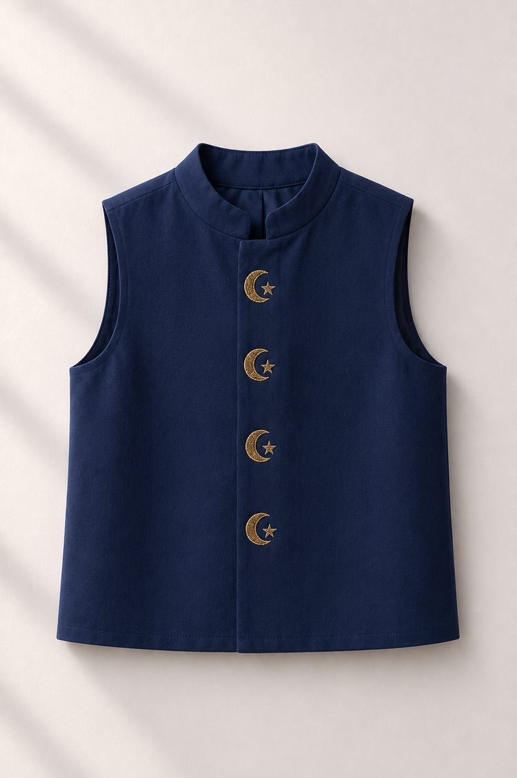 Navy Waistcoat with Moon-Star embroidered buttons - flat lay
