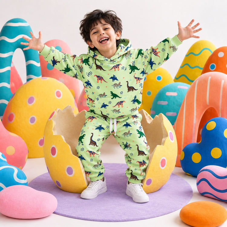 Green Dinosaur Hooded Jogger Set on boy by Anaario – winter kidswear