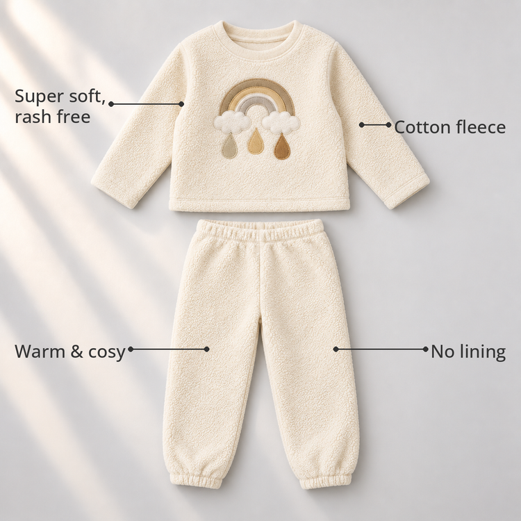 Off-white Rainbow Fleece Set feature highlights by Anaario – super soft, warm cotton fleece, no lining