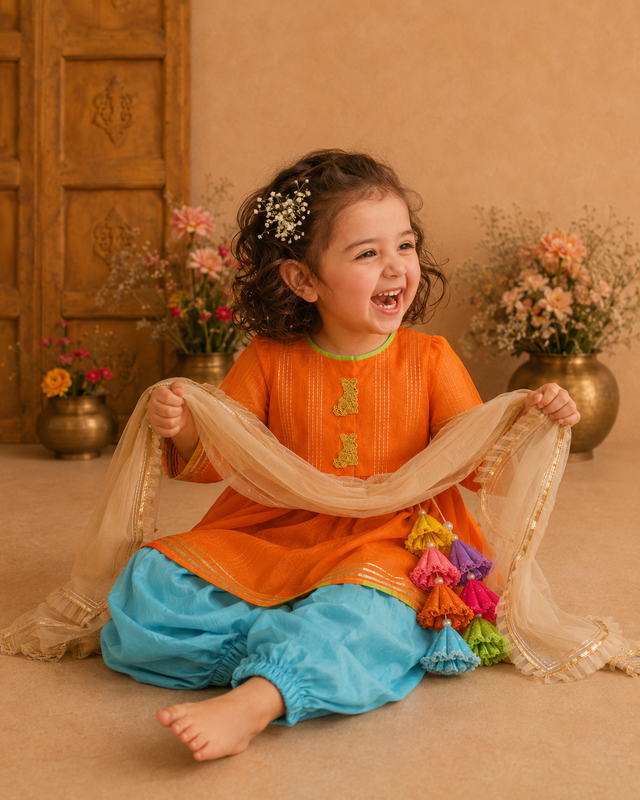 Indian Orange Bunny Patiala Salwar Set - Anaario - Image 1