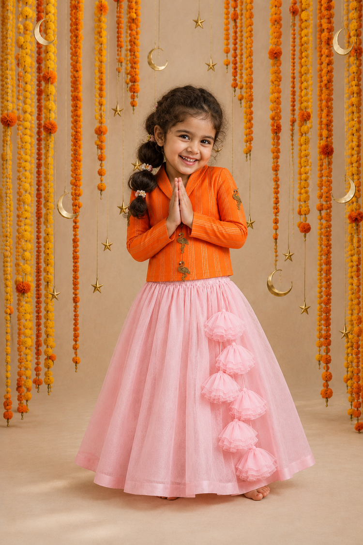 Indian Orange Flamingo Jacket-Lehenga Set - Anaario - Image 7