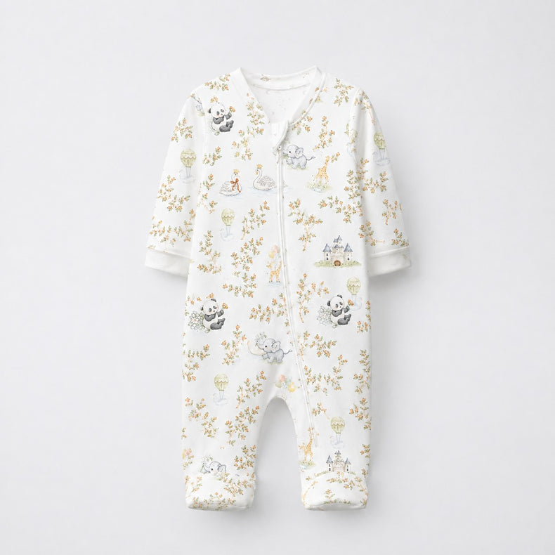 Panda Leaves bamboo cotton baby sleepsuit — full-sleeve two-way zip romper onesie, front