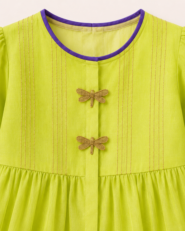 Anaario Lime Dragonfly Patiala Salwar Set, close-up of embroidered dragonfly button closures