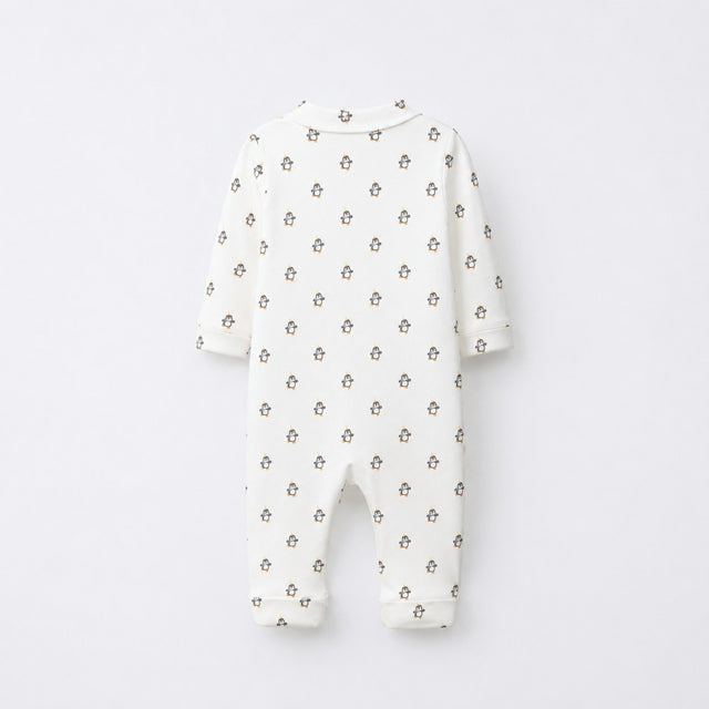 Penguin bamboo cotton baby sleepsuit — full-sleeve two-way zip romper onesie, front