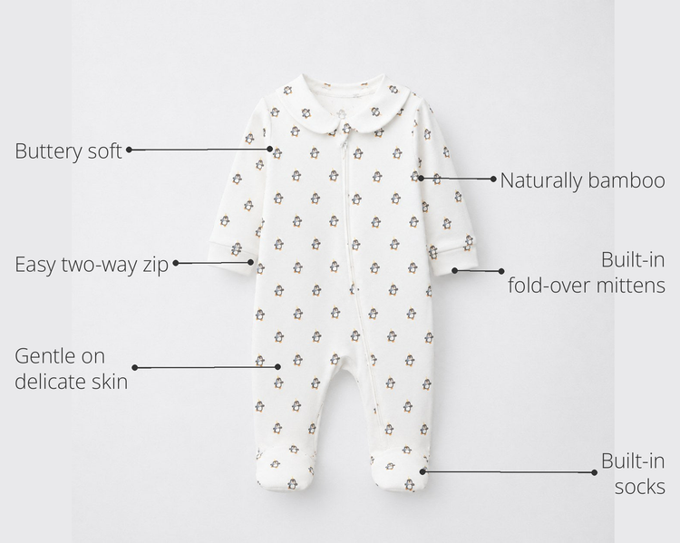Anaario Penguin Bamboo Baby Sleepsuit – Zip Romper Onesie key features