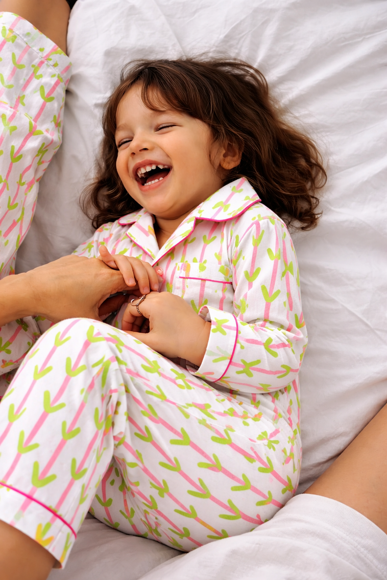 Girl wearing Anaario Pink and Green Leaves Night Suit