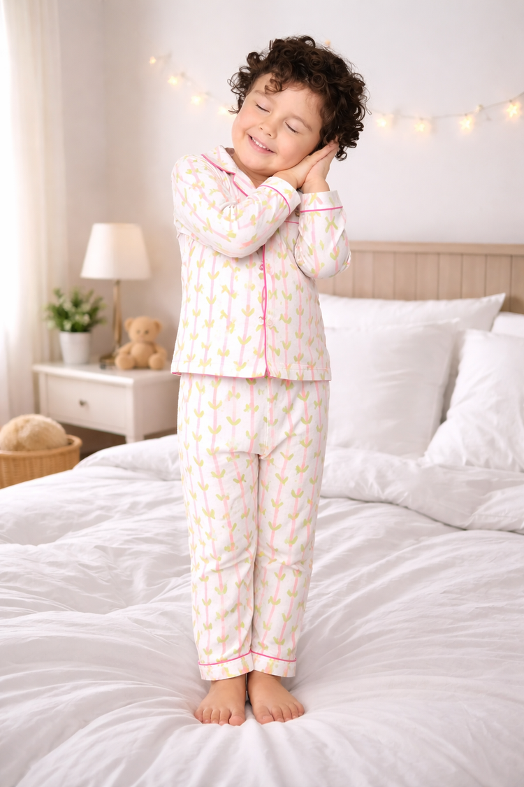 Girl wearing Anaario Pink and Green Leaves Night Suit