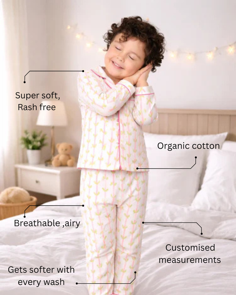 Girl wearing Anaario Pink and Green Leaves Night Suit
