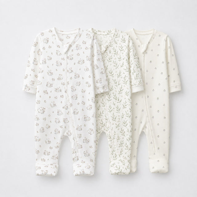 Pink Bunny bamboo baby sleepsuit combo — coordinating full-sleeve two-way zip romper onesies