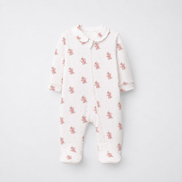 Pink Dino bamboo cotton baby sleepsuit — full-sleeve two-way zip romper onesie, front