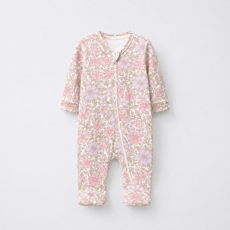 Pink Floral bamboo cotton baby sleepsuit — zip romper onesie detail