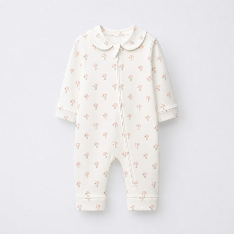 Pink Mushroom bamboo cotton baby sleepsuit — full-sleeve two-way zip romper onesie, front