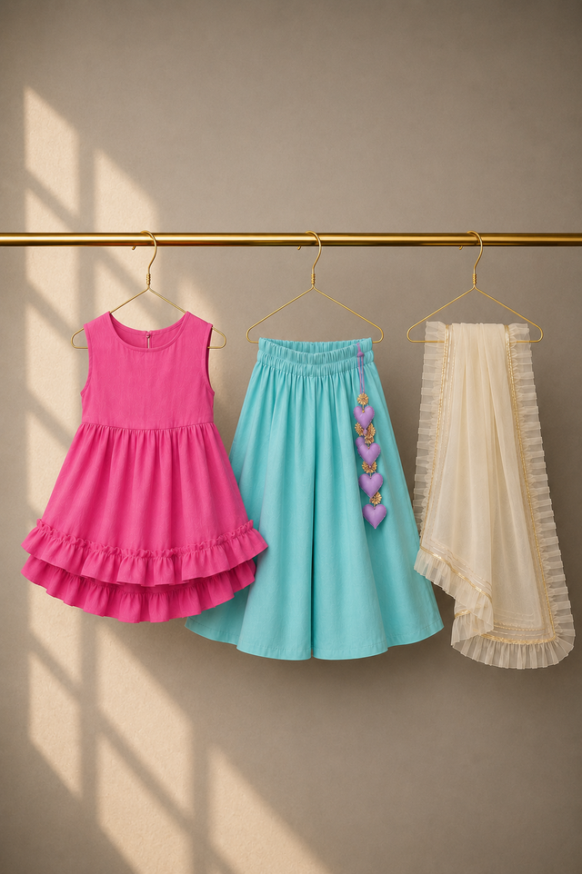 Girl wearing Anaario Pink Teal Palazzo Set