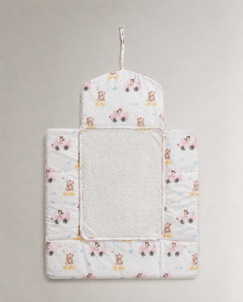 Pink Teddy bamboo baby changing mat — pink teddy print, soft bamboo cotton