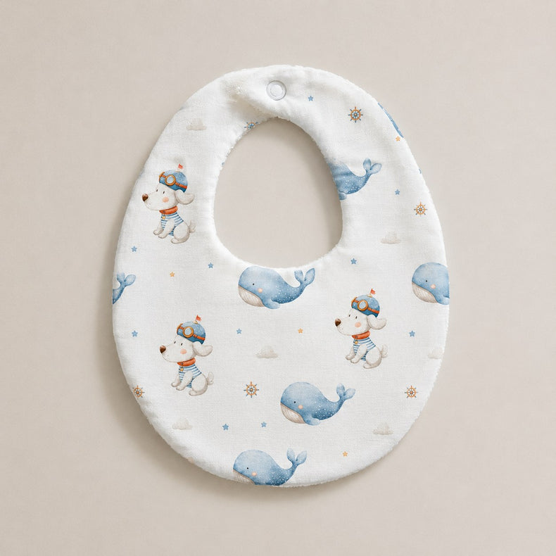 Puppy & Whale bamboo baby bib — puppy & whale print, soft bamboo cotton