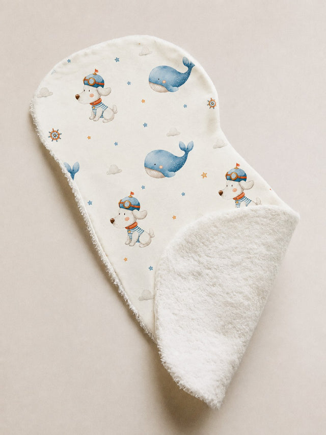 Puppy & Whale bamboo baby burp cloth — puppy & whale print, soft bamboo cotton