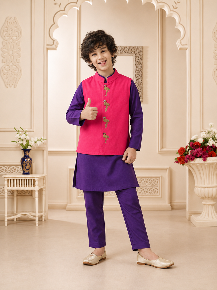 Purple flamingo-motif waistcoat set with pink waistcoat by Anaario