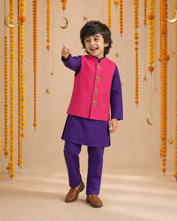 Purple Flamingo-Motif Waistcoat Set (Pink Waistcoat) - festive lifestyle photo, marigold and crescent backdrop
