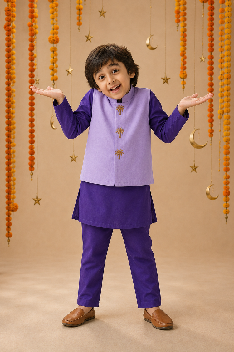 Purple Palm-Motif Waistcoat Set (Lilac Waistcoat) - festive lifestyle photo, marigold and crescent backdrop
