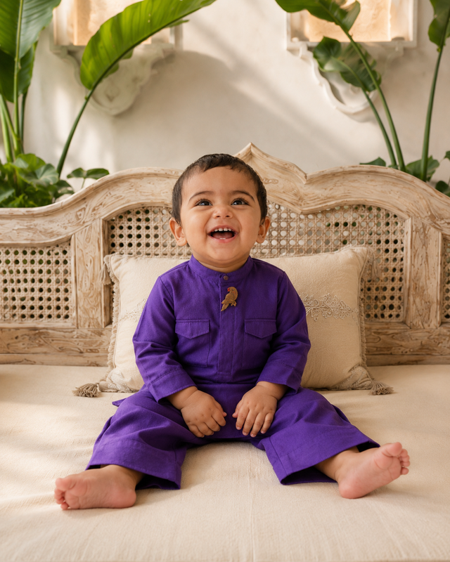 Baby wearing Anaario Purple Parrot-Motif Baby Kurta Set, purple kurta with parrot motif, newborn to 24 months