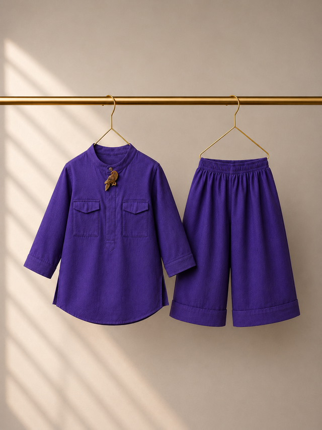 Purple Parrot-Motif Kurta Set - full co-ord set flat lay
